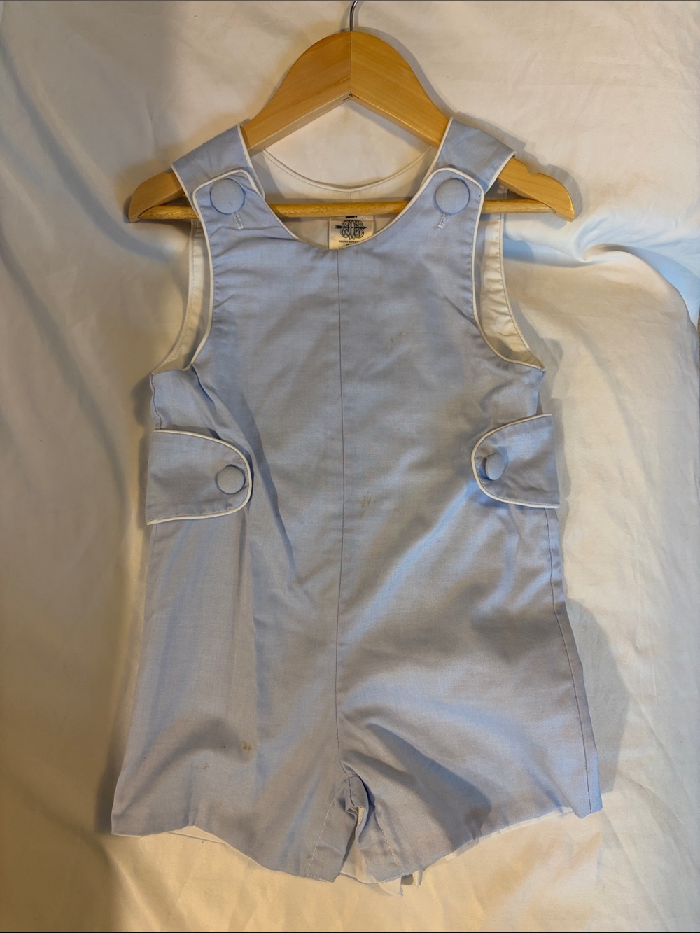 Boys Light Blue Pique Shortall with Button-Strap Shoulders